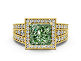 Yellow gold Fancy Green Princess Cut Halo Diamond Split Shank Ring with Prong Setting