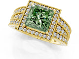 Yellow gold Fancy Green Princess Cut Halo Diamond Split Shank Ring with Prong Setting_1