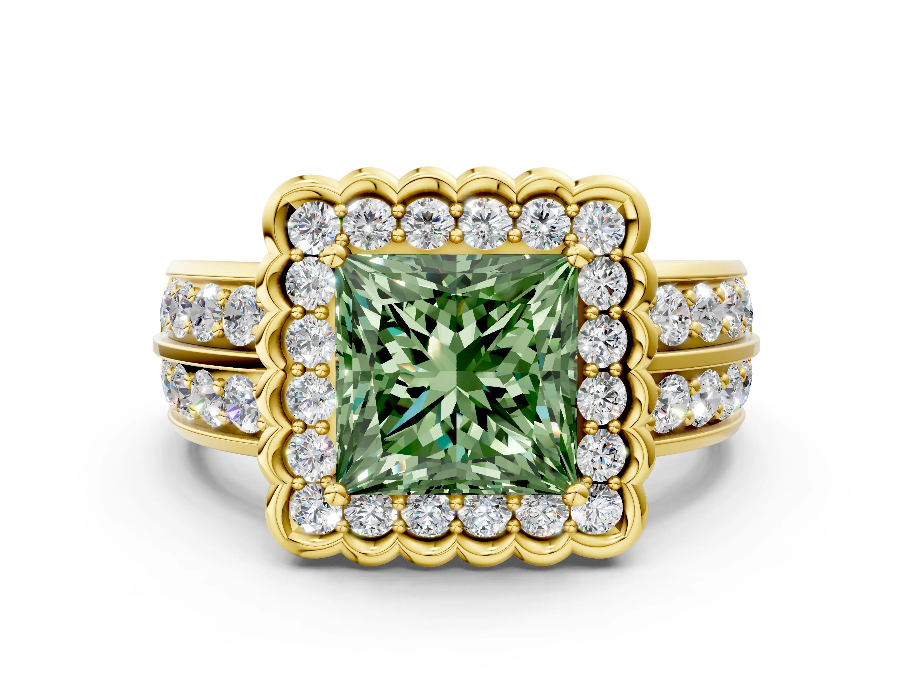 Yellow gold Fancy Green Princess Cut Halo Diamond Split Shank Ring with Scalloped Prong Setting