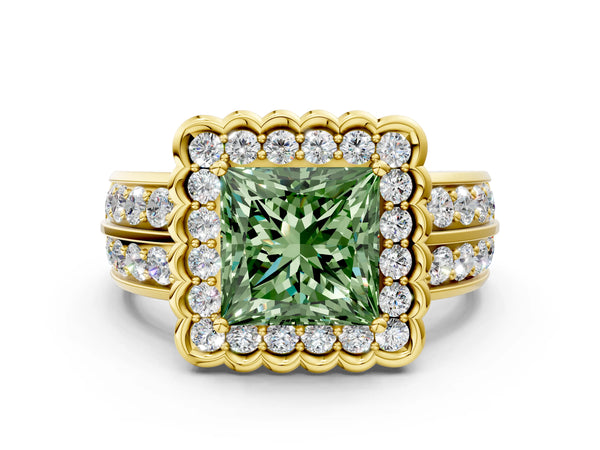 Yellow gold Fancy Green Princess Cut Halo Diamond Split Shank Ring with Scalloped Prong Setting
