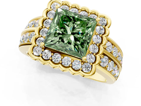 Yellow gold Fancy Green Princess Cut Halo Diamond Split Shank Ring with Scalloped Prong Setting_1