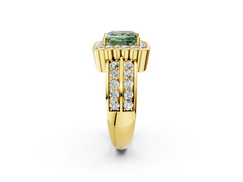 Yellow gold Fancy Green Princess Cut Halo Diamond Split Shank Ring with Scalloped Prong Setting_2