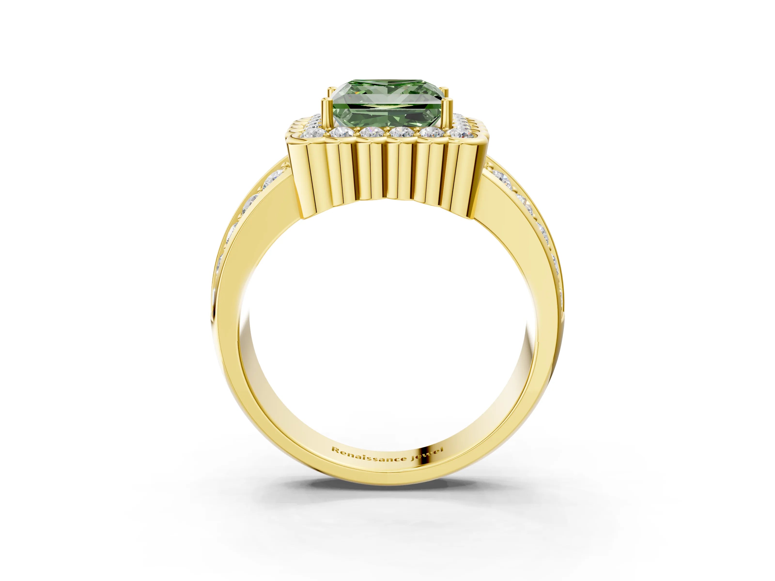 Yellow gold Fancy Green Princess Cut Halo Diamond Split Shank Ring with Scalloped Prong Setting_3