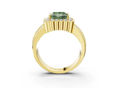 Yellow gold Fancy Green Princess Cut Halo Diamond Split Shank Ring with Scalloped Prong Setting_3