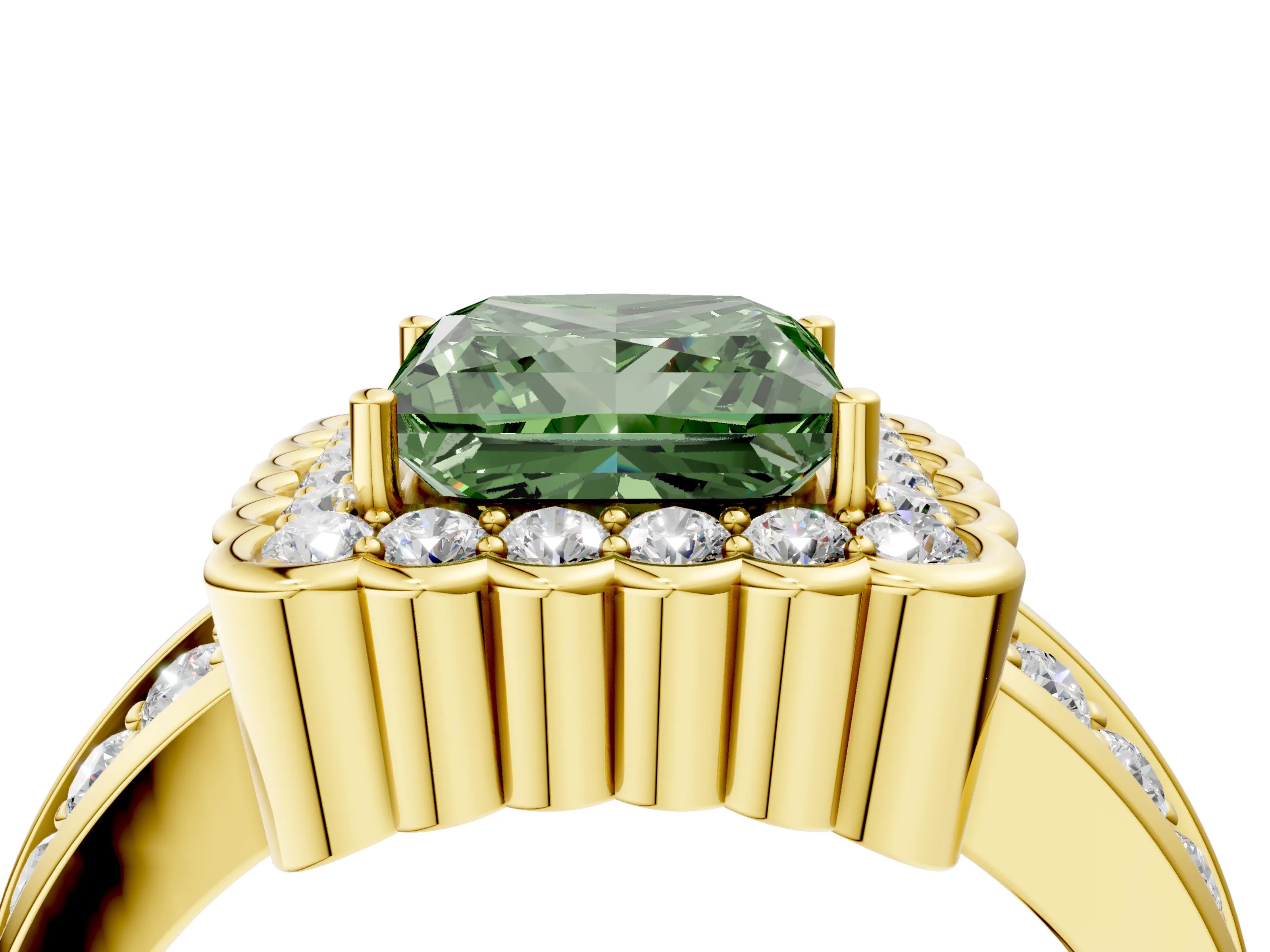 Yellow gold Fancy Green Princess Cut Halo Diamond Split Shank Ring with Scalloped Prong Setting_4
