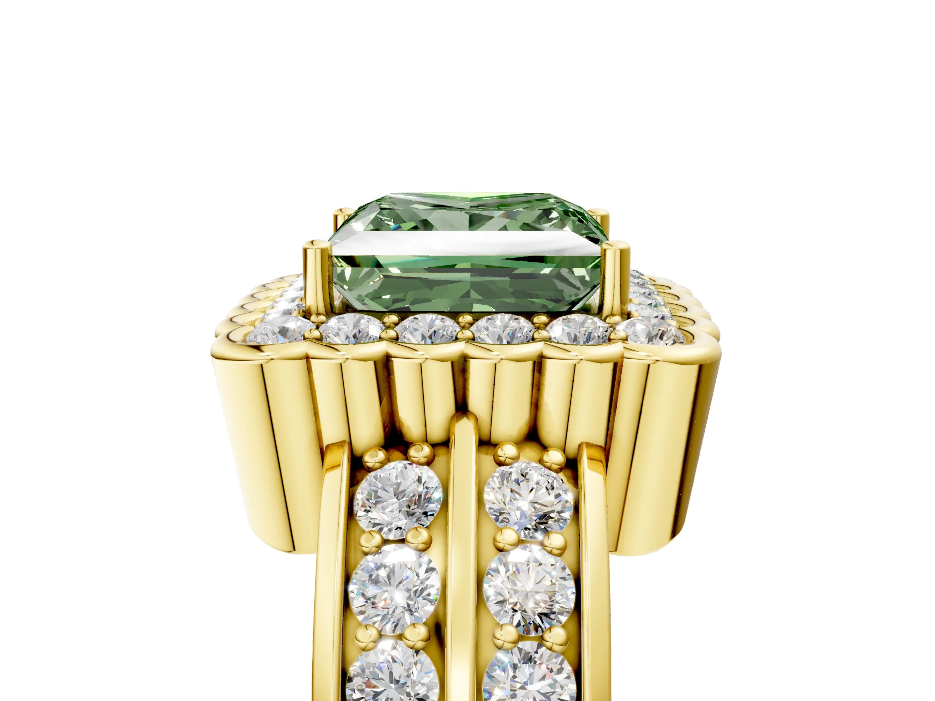 Yellow gold Fancy Green Princess Cut Halo Diamond Split Shank Ring with Scalloped Prong Setting_5