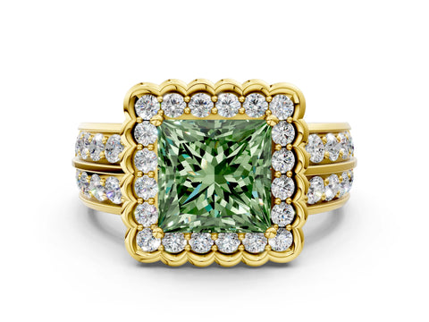 Yellow gold Fancy Green Princess Cut Halo Diamond Split Shank Ring with Scalloped Prong Setting