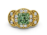 Yellow gold Fancy Green Princess Cut Halo Milgrain Diamond Engagement Ring with Leaf Band and Four-Prong Setting