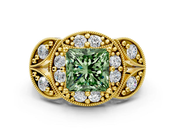 Yellow gold Fancy Green Princess Cut Halo Milgrain Diamond Engagement Ring with Leaf Band and Four-Prong Setting
