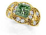 Yellow gold Fancy Green Princess Cut Halo Milgrain Diamond Engagement Ring with Leaf Band and Four-Prong Setting_1