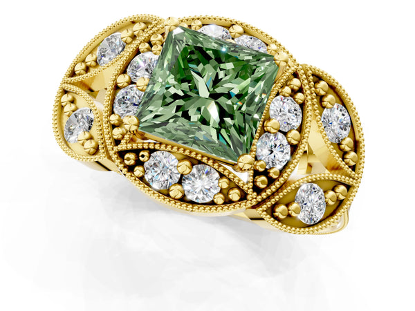 Yellow gold Fancy Green Princess Cut Halo Milgrain Diamond Engagement Ring with Leaf Band and Four-Prong Setting