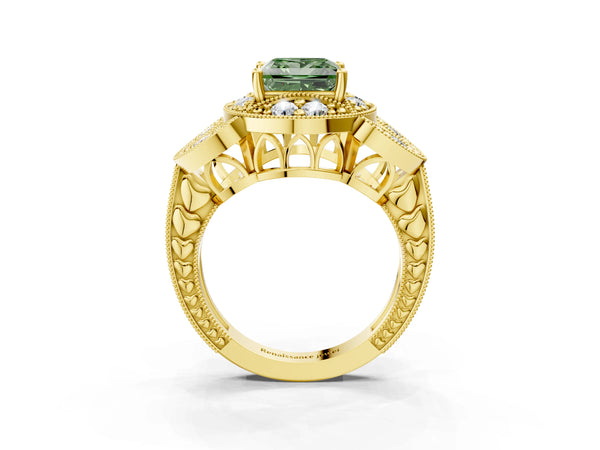 Yellow gold Fancy Green Princess Cut Halo Milgrain Diamond Engagement Ring with Leaf Band and Four-Prong Setting