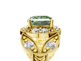 Yellow gold Fancy Green Princess Cut Halo Milgrain Diamond Engagement Ring with Leaf Band and Four-Prong Setting_5