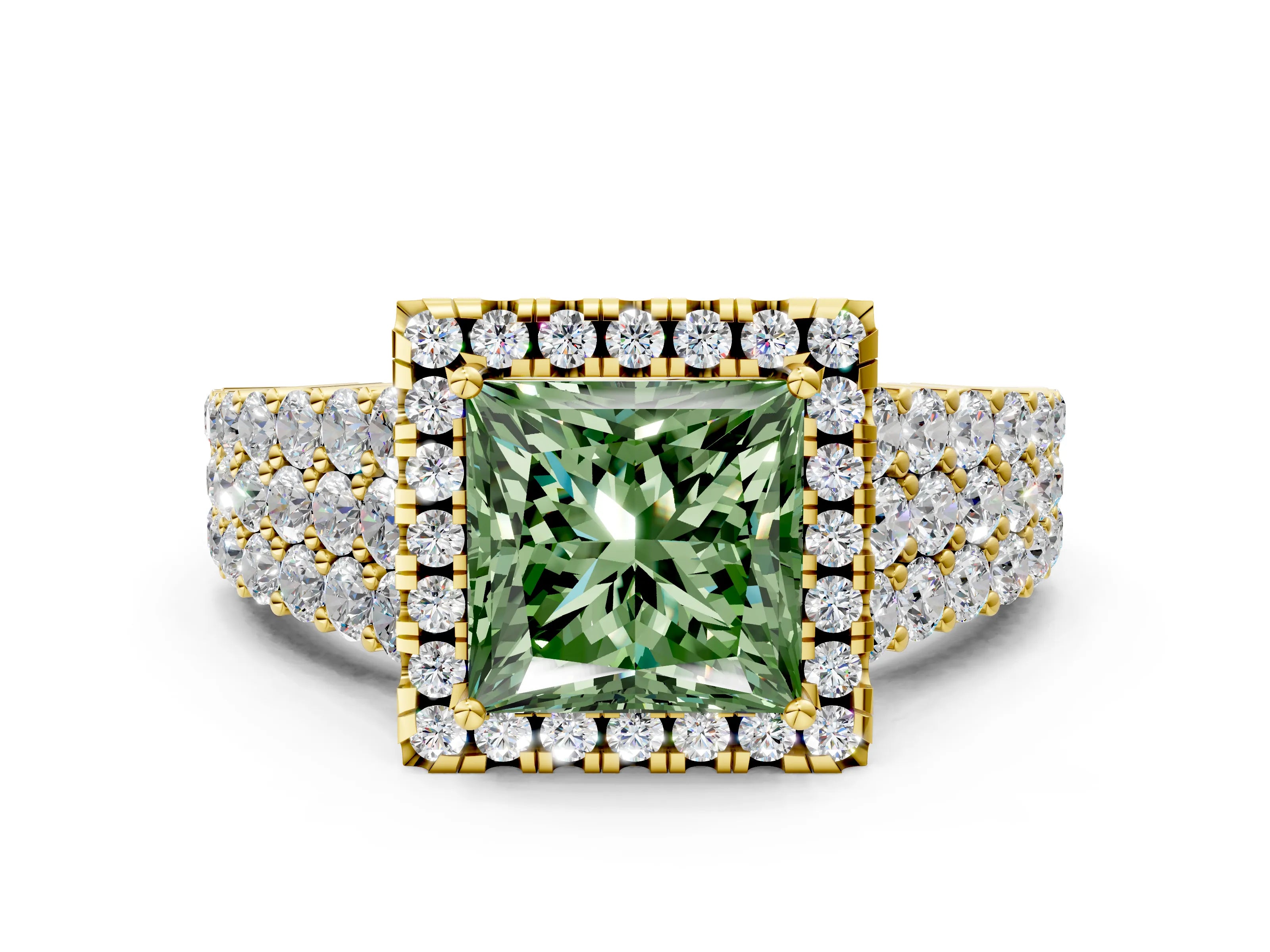 Yellow gold Fancy Green Princess Cut Halo Pavé Diamond Engagement Ring with Split Shank and Four-Prong Setting_3