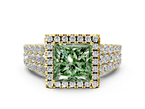 Yellow gold Fancy Green Princess Cut Halo Pavé Diamond Engagement Ring with Split Shank and Four-Prong Setting_3