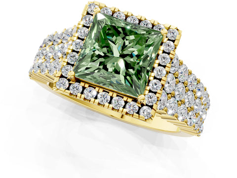 Yellow gold Fancy Green Princess Cut Halo Pavé Diamond Engagement Ring with Split Shank and Four-Prong Setting_4