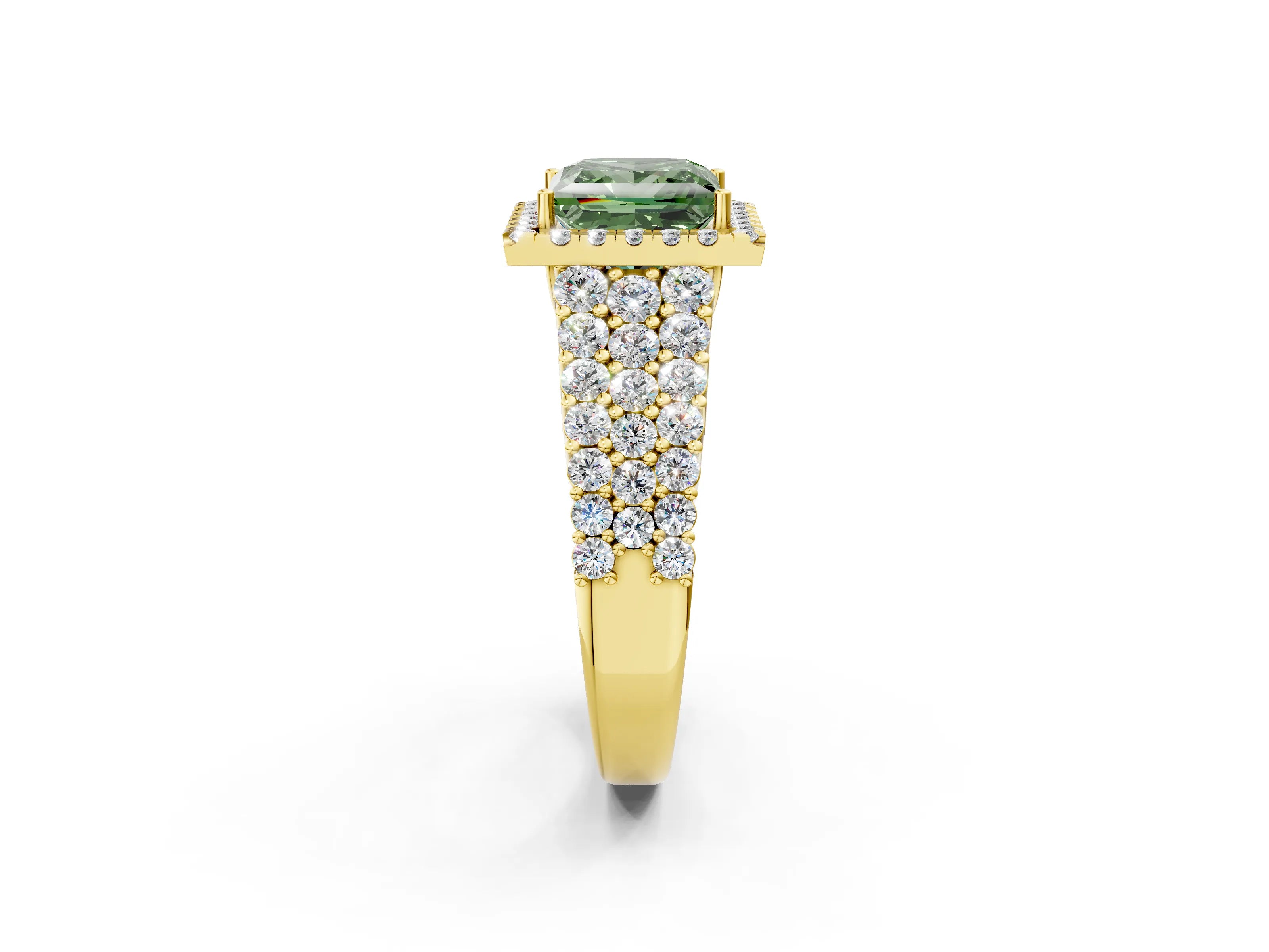 Yellow gold Fancy Green Princess Cut Halo Pavé Diamond Engagement Ring with Split Shank and Four-Prong Setting_5