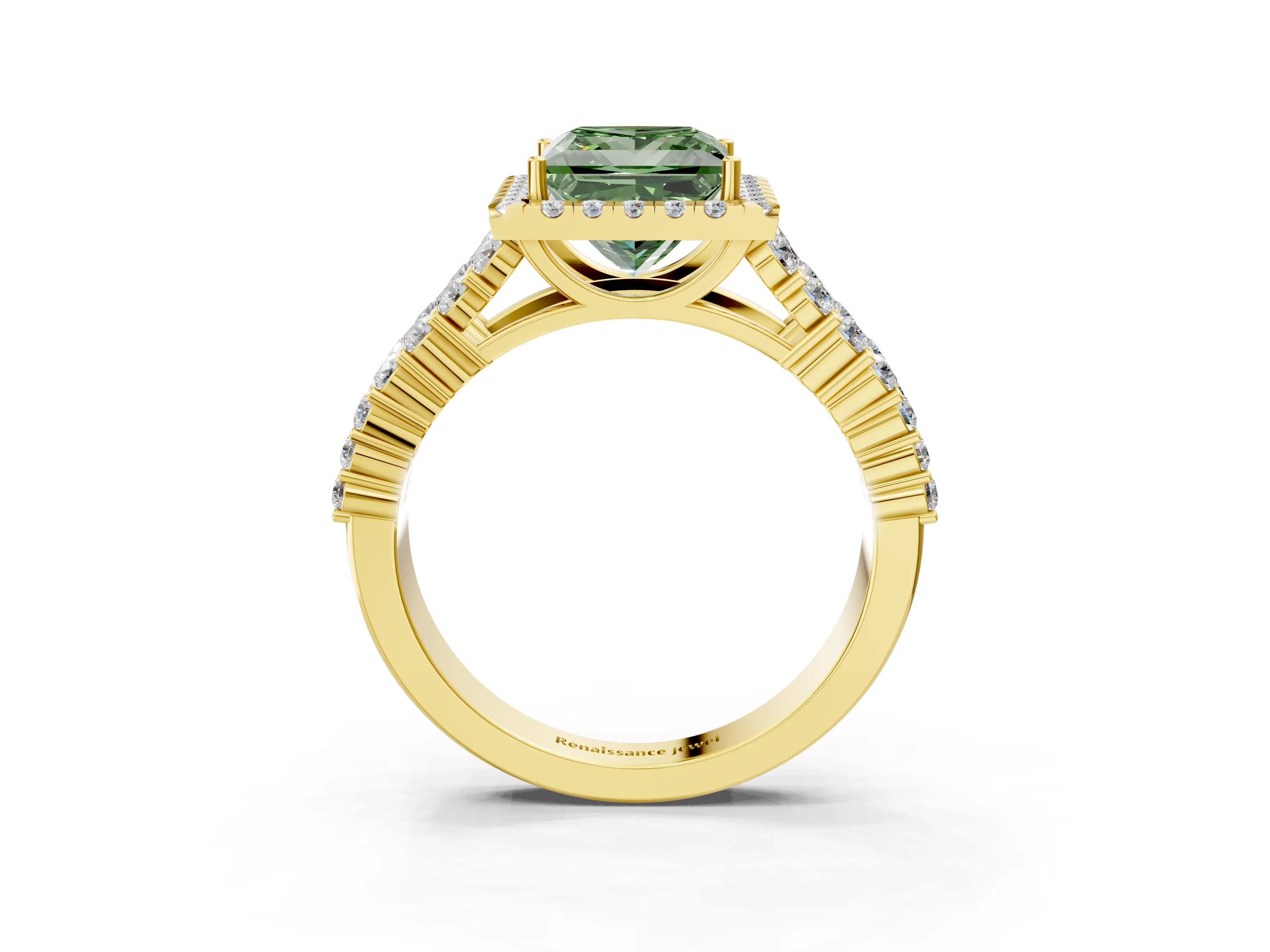 Yellow gold Fancy Green Princess Cut Halo Pavé Diamond Engagement Ring with Split Shank and Four-Prong Setting_6