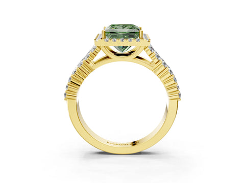 Yellow gold Fancy Green Princess Cut Halo Pavé Diamond Engagement Ring with Split Shank and Four-Prong Setting_6