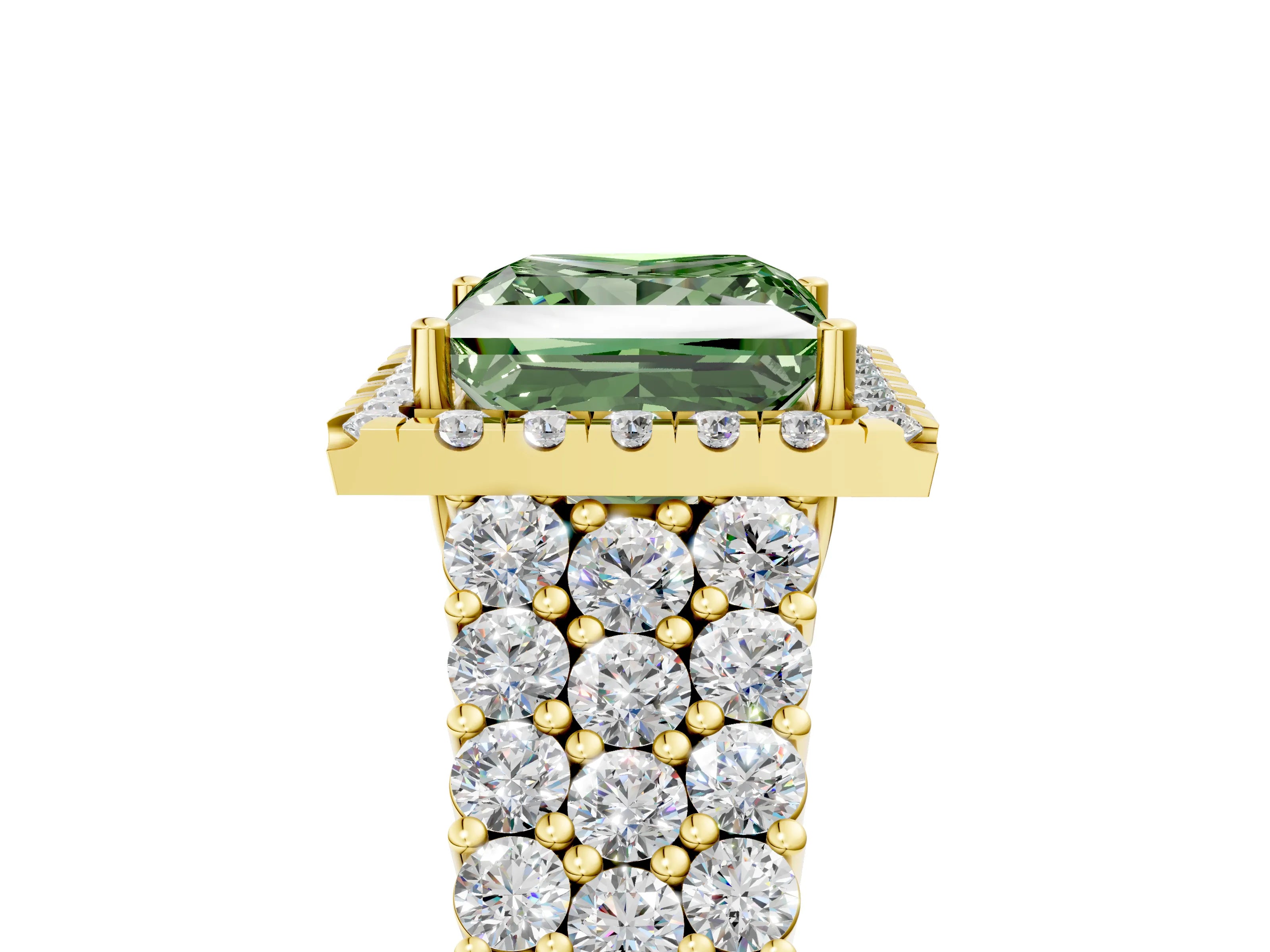 Yellow gold Fancy Green Princess Cut Halo Pavé Diamond Engagement Ring with Split Shank and Four-Prong Setting_8