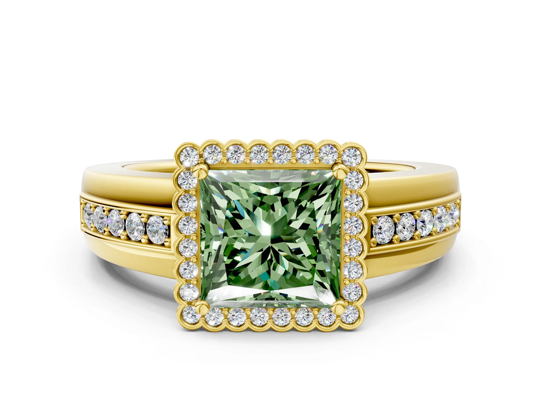Yellow gold Fancy Green Princess  Cut Halo Pave Band Four-Prong Ring_29