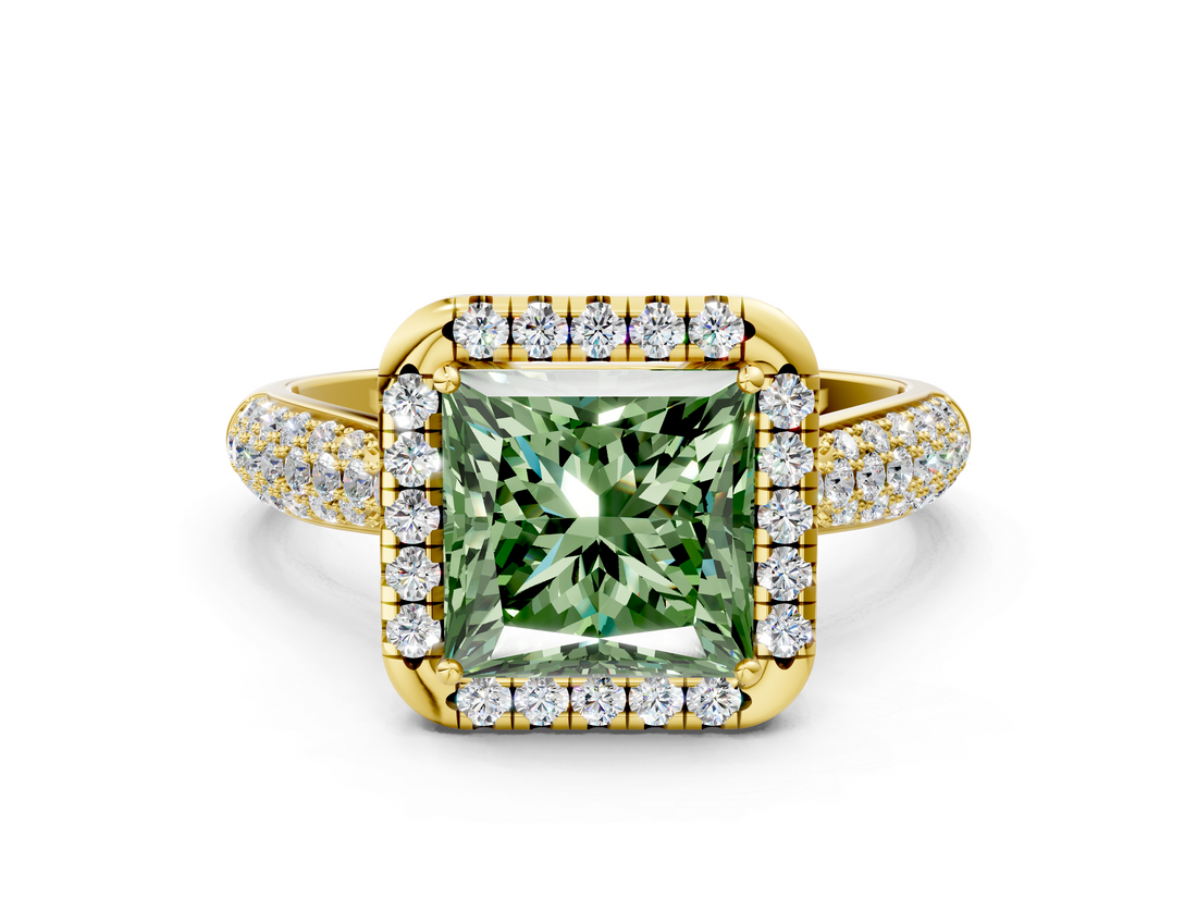 Yellow gold Fancy Green Princess  Cut Halo Pave Band Four-Prong Setting Ring