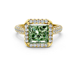 Yellow gold Fancy Green Princess  Cut Halo Pave Band Four-Prong Setting Ring