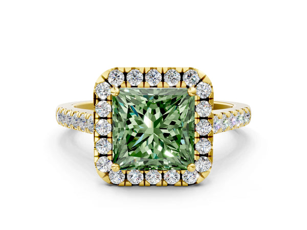 Yellow gold Fancy Green Princess Cut Halo Pave Diamond Engagement Ring with Four-Prong Setting