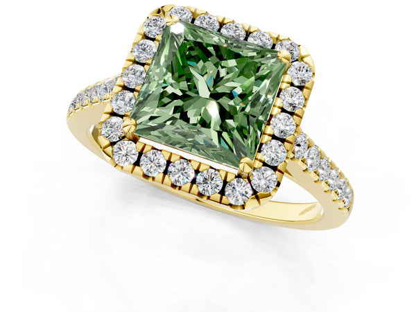 Yellow gold Fancy Green Princess Cut Halo Pave Diamond Engagement Ring with Four-Prong Setting