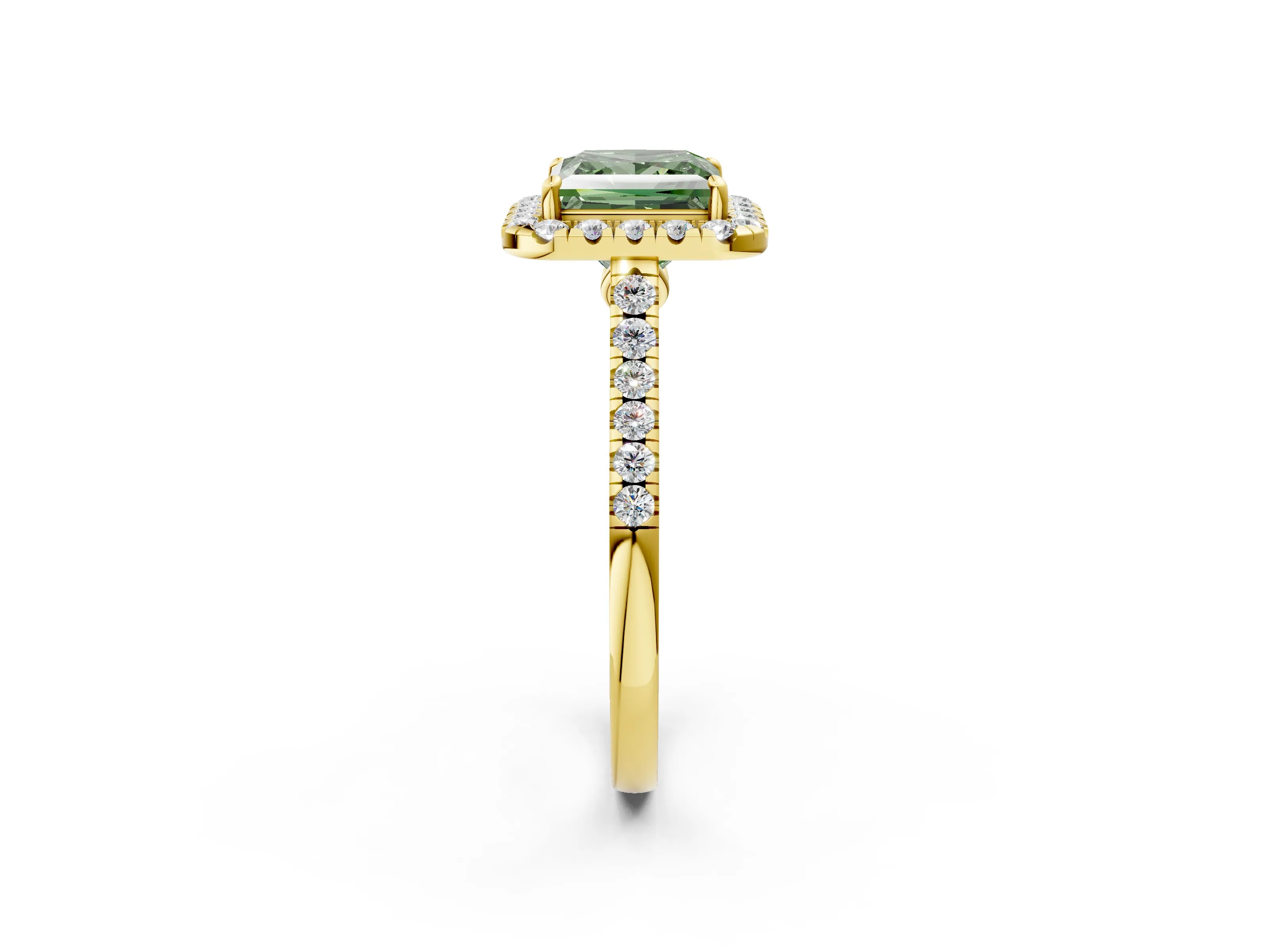 Yellow gold Fancy Green Princess Cut Halo Pave Diamond Engagement Ring with Four-Prong Setting_2