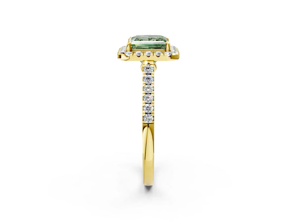 Yellow gold Fancy Green Princess Cut Halo Pave Diamond Engagement Ring with Four-Prong Setting
