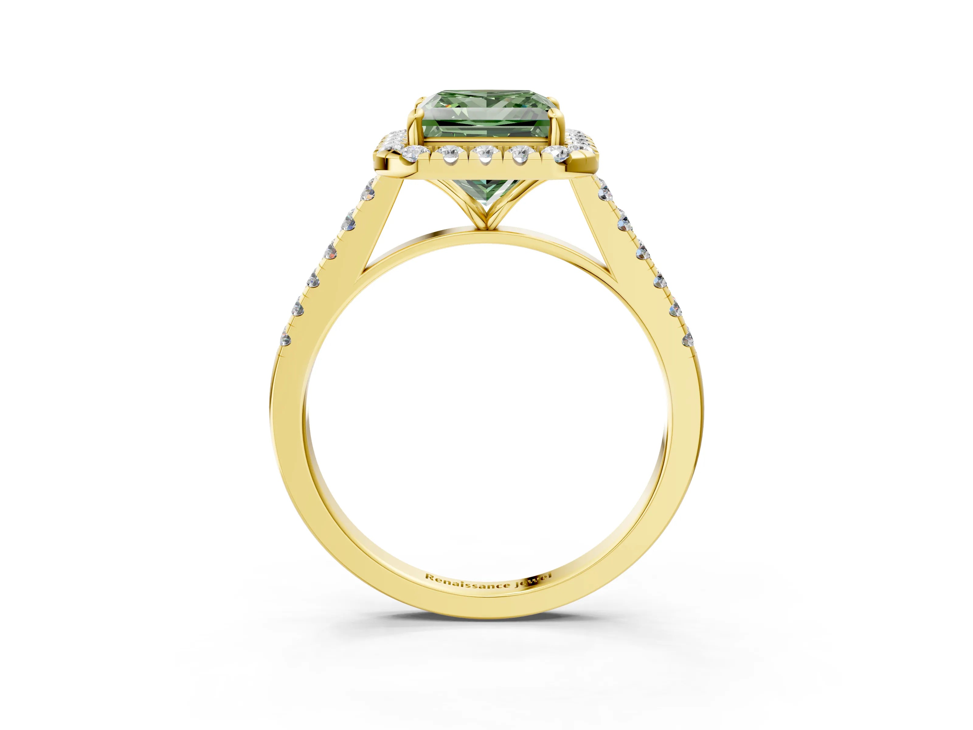 Yellow gold Fancy Green Princess Cut Halo Pave Diamond Engagement Ring with Four-Prong Setting_3