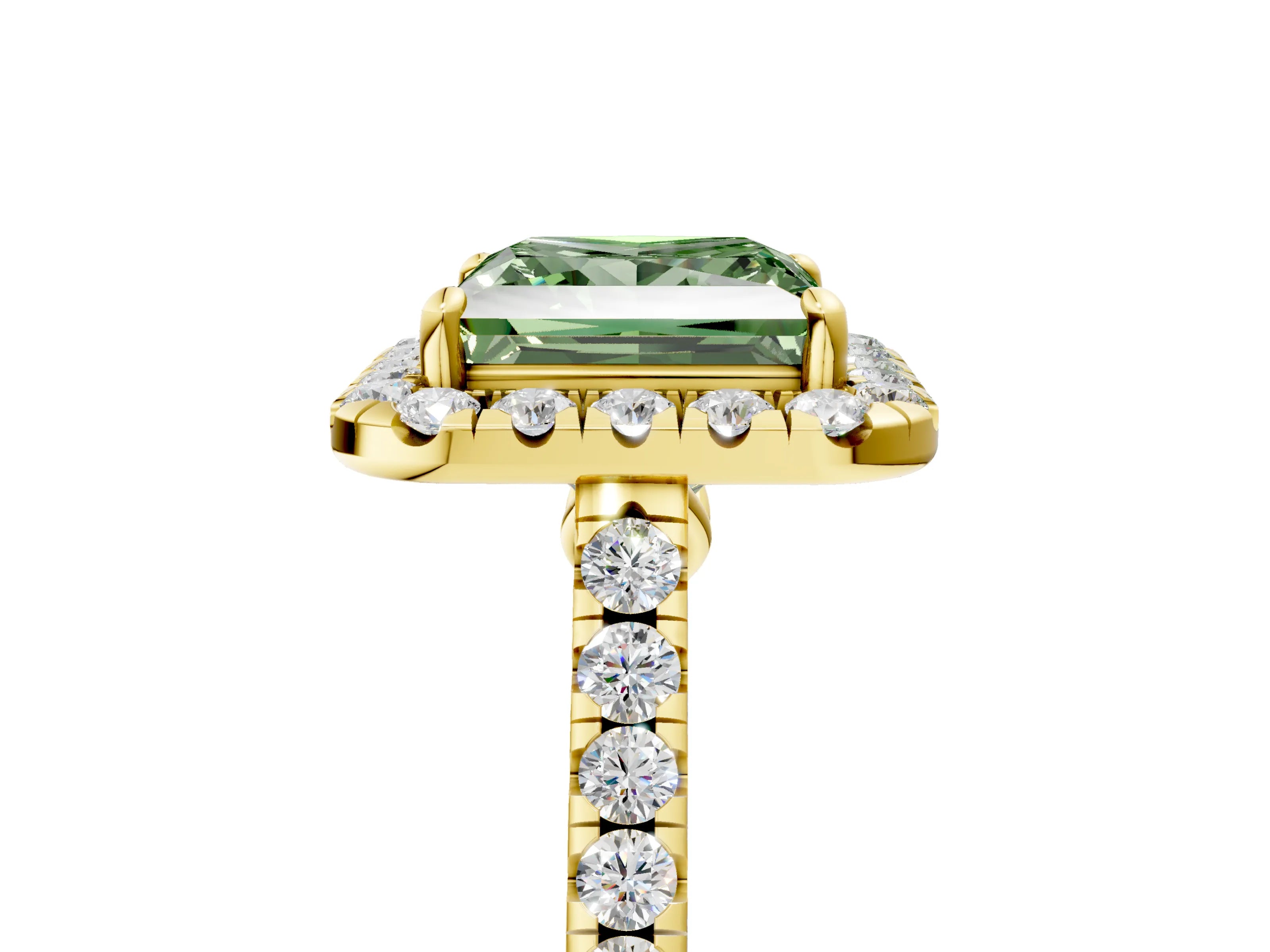Yellow gold Fancy Green Princess Cut Halo Pave Diamond Engagement Ring with Four-Prong Setting_5