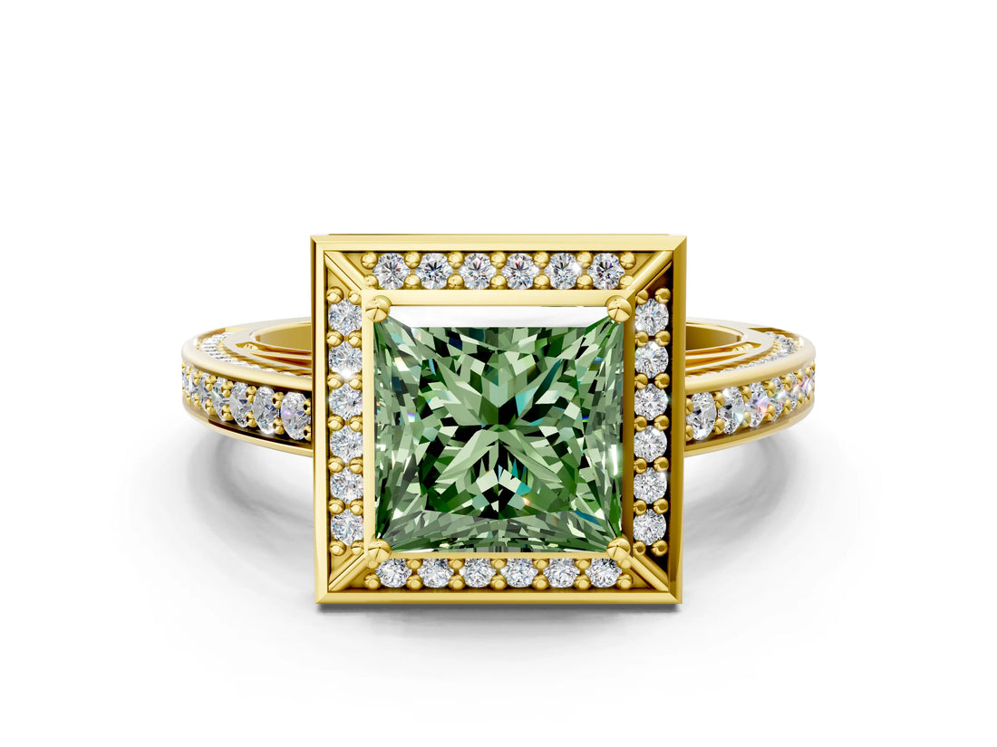 Yellow gold Fancy Green Princess  Cut Halo Pave Split Shank Prong Setting Ring_32