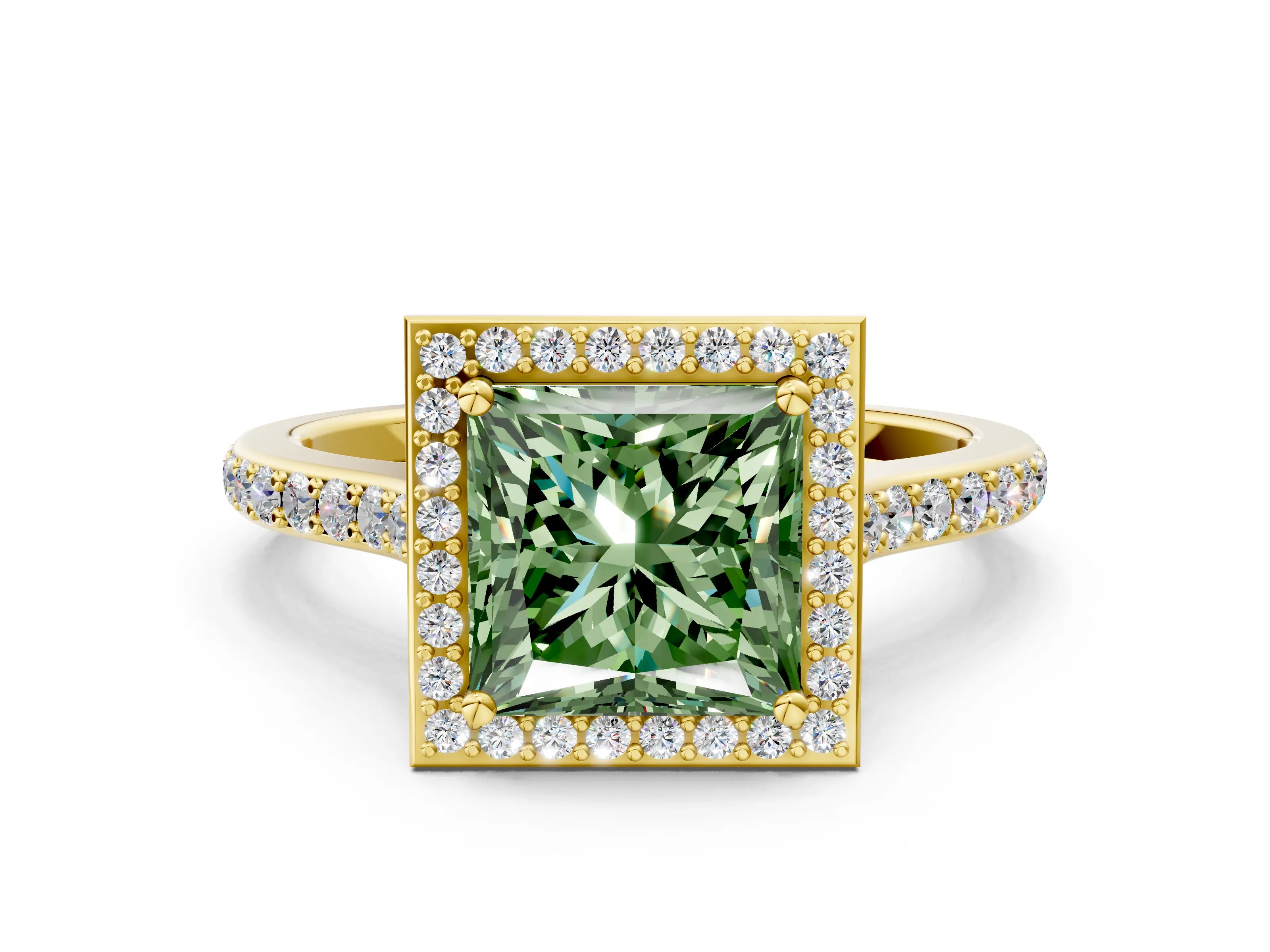Yellow gold Fancy Green Princess Cut Halo Round Diamond Pavé Band with Four-Prong Setting_3