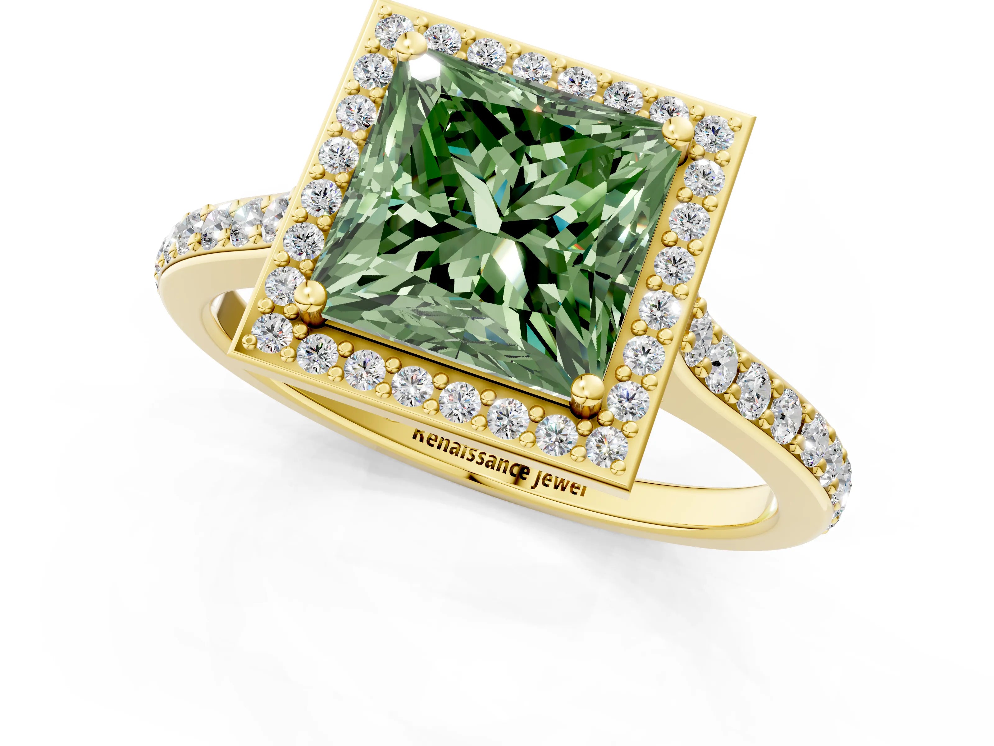 Yellow gold Fancy Green Princess Cut Halo Round Diamond Pavé Band with Four-Prong Setting_4