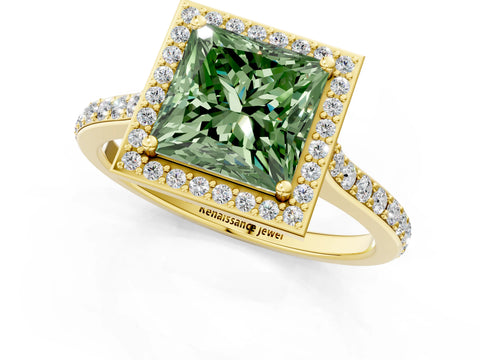 Yellow gold Fancy Green Princess Cut Halo Round Diamond Pavé Band with Four-Prong Setting_4