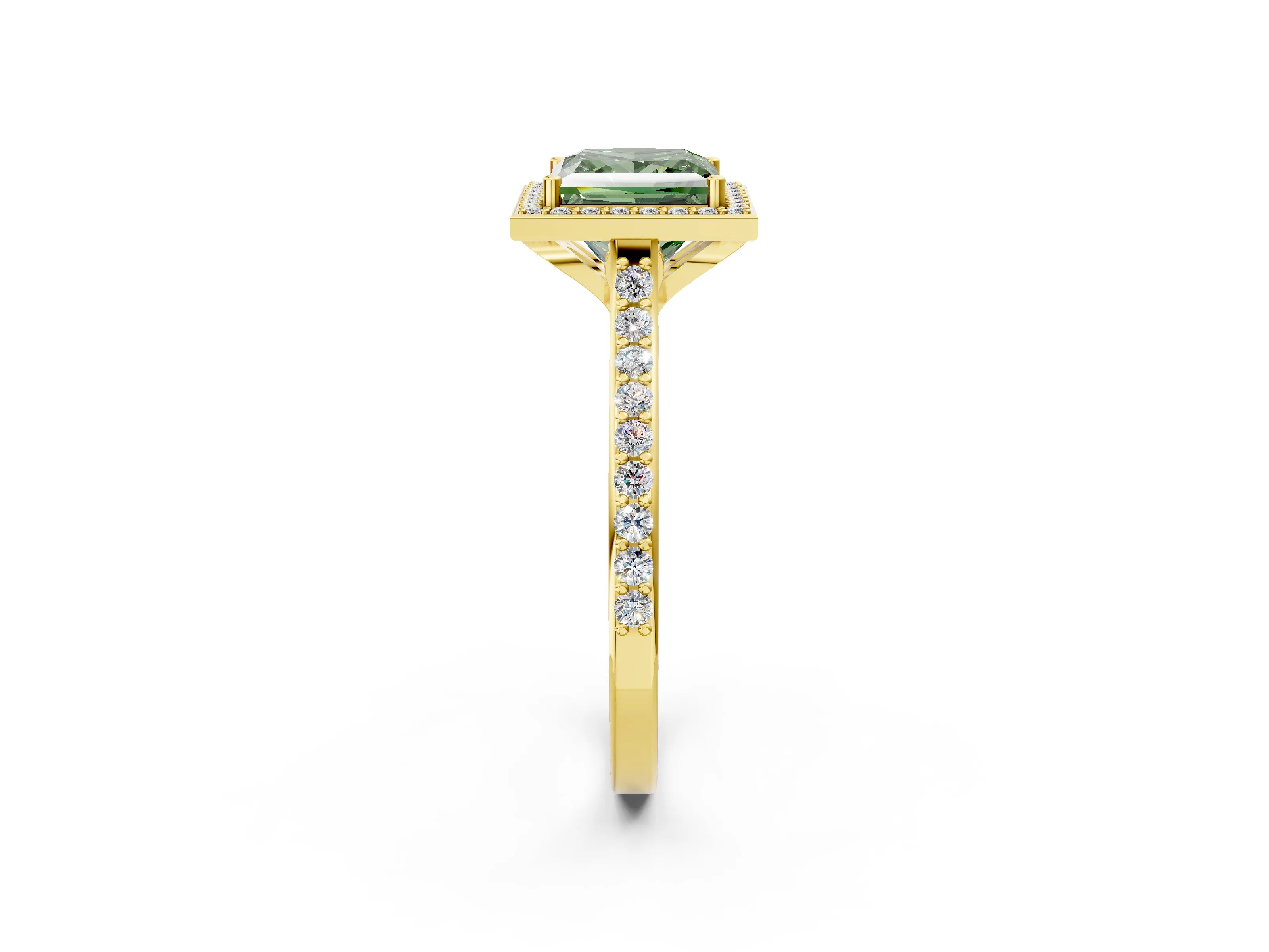 Yellow gold Fancy Green Princess Cut Halo Round Diamond Pavé Band with Four-Prong Setting_5