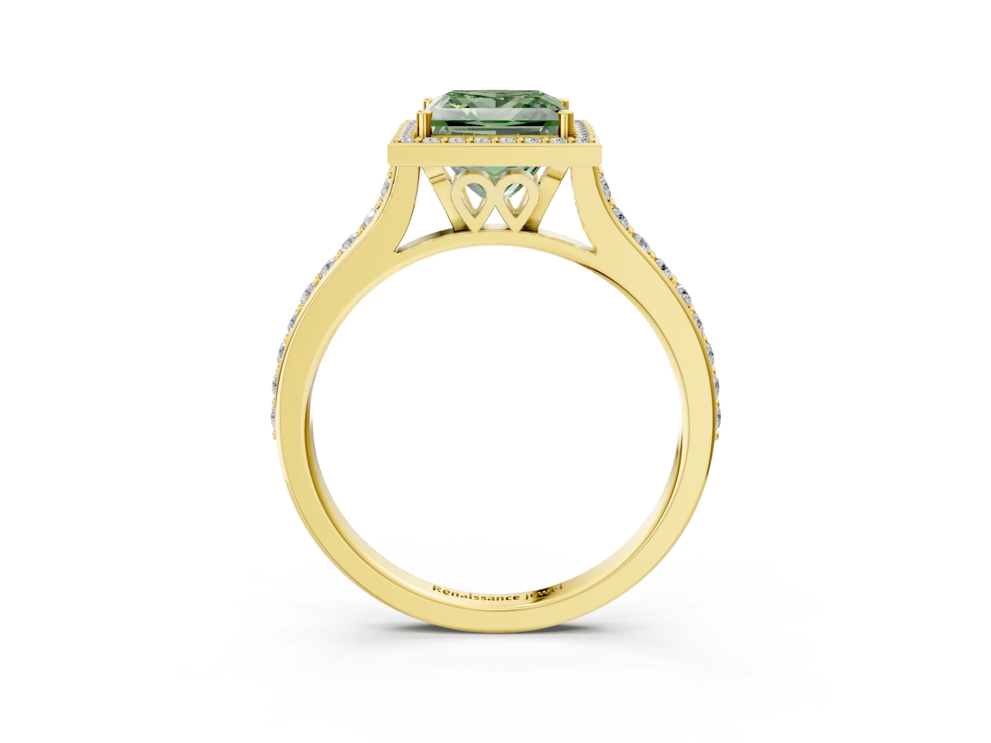 Yellow gold Fancy Green Princess Cut Halo Round Diamond Pavé Band with Four-Prong Setting_6