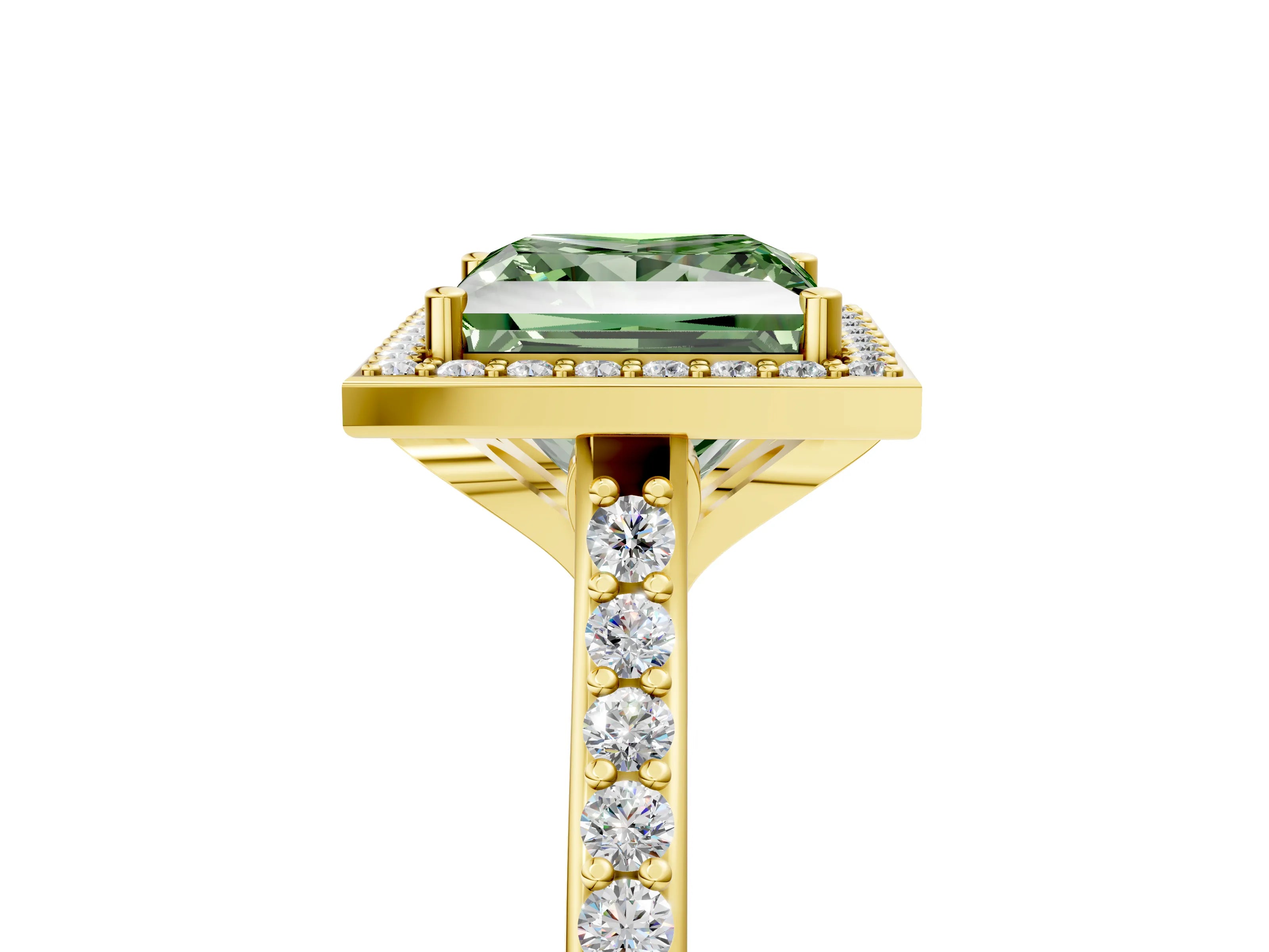 Yellow gold Fancy Green Princess Cut Halo Round Diamond Pavé Band with Four-Prong Setting_8