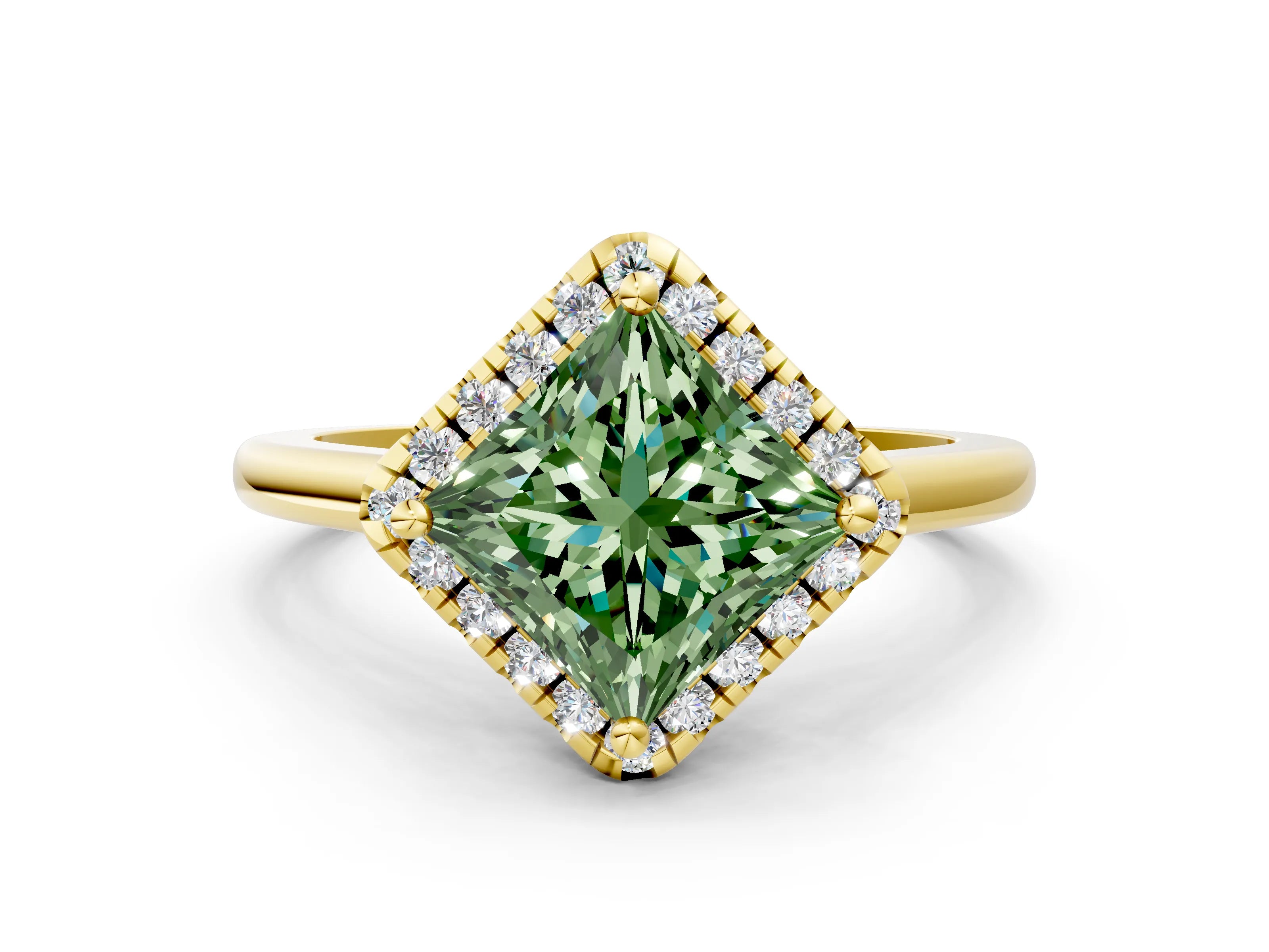 Yellow gold Fancy Green Princess Cut Halo Round Diamond Solitaire Engagement Ring with Pave Band and Four-Prong Setting_12