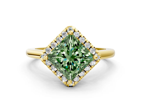 Yellow gold Fancy Green Princess Cut Halo Round Diamond Solitaire Engagement Ring with Pave Band and Four-Prong Setting_12