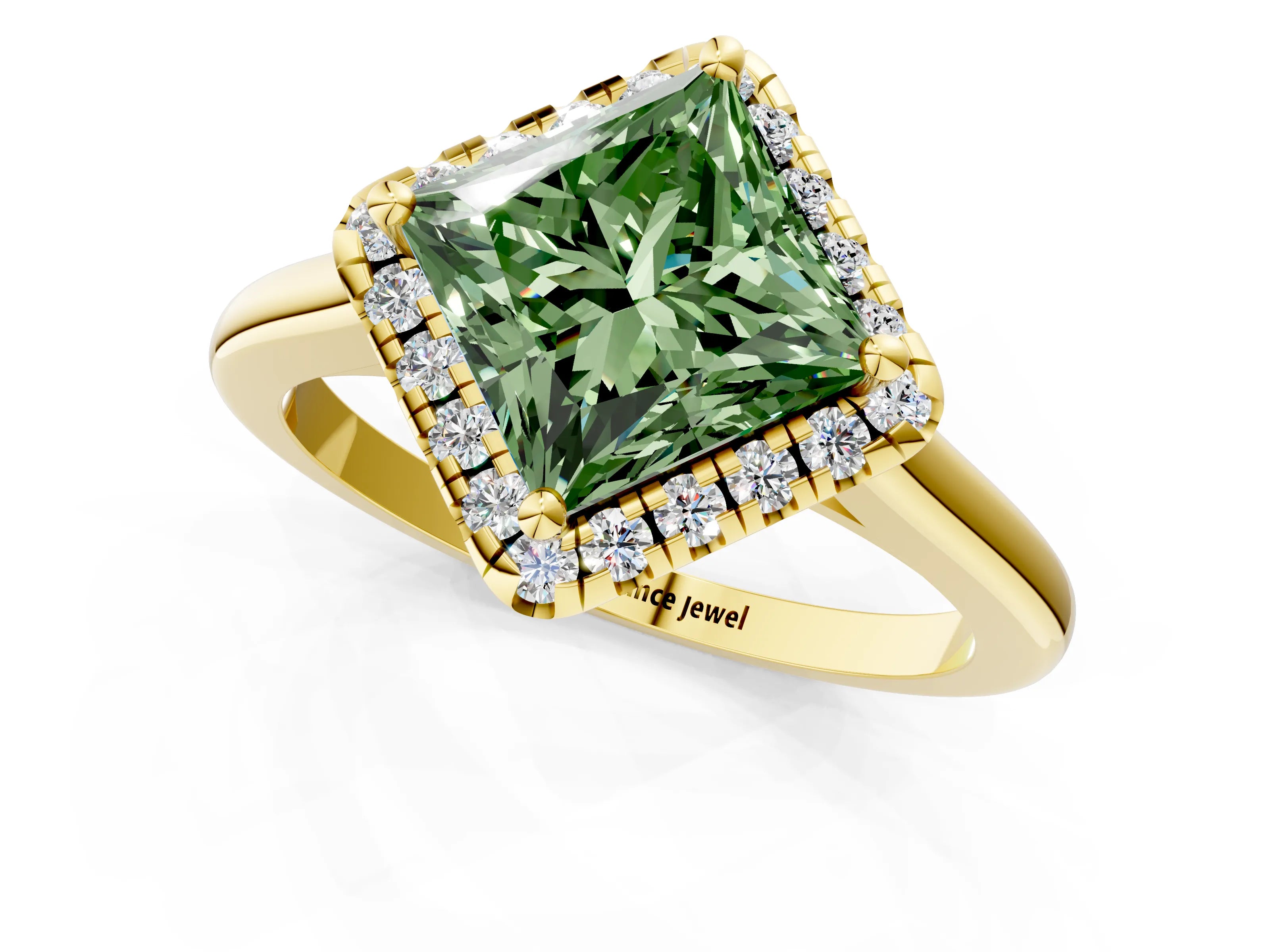 Yellow gold Fancy Green Princess Cut Halo Round Diamond Solitaire Engagement Ring with Pave Band and Four-Prong Setting_13