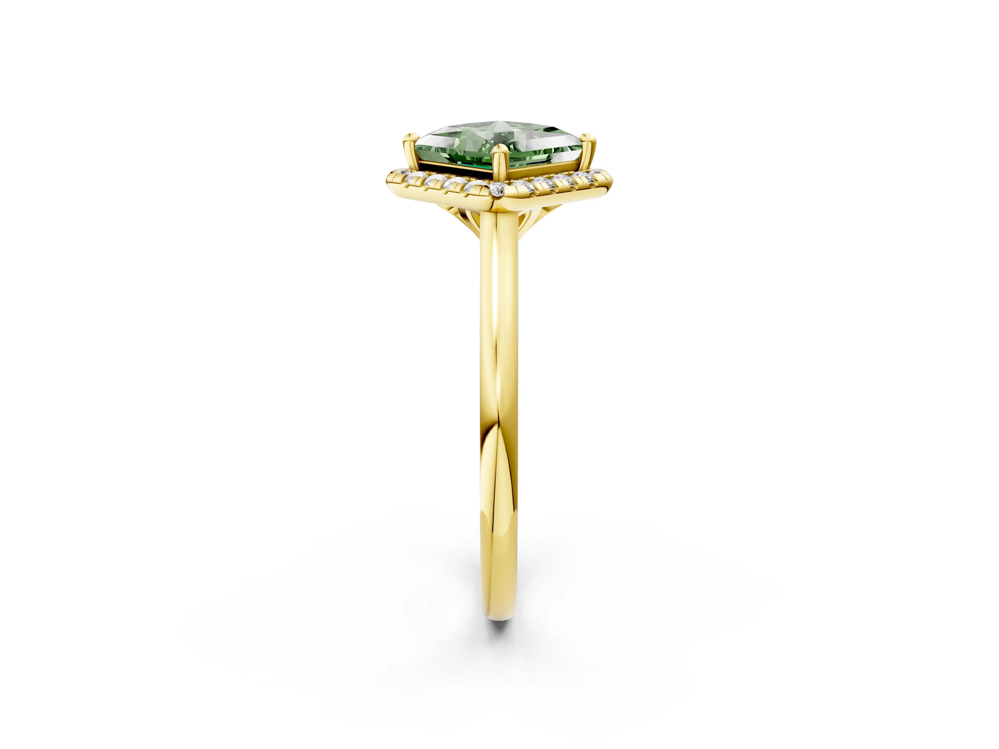 Yellow gold Fancy Green Princess Cut Halo Round Diamond Solitaire Engagement Ring with Pave Band and Four-Prong Setting_14