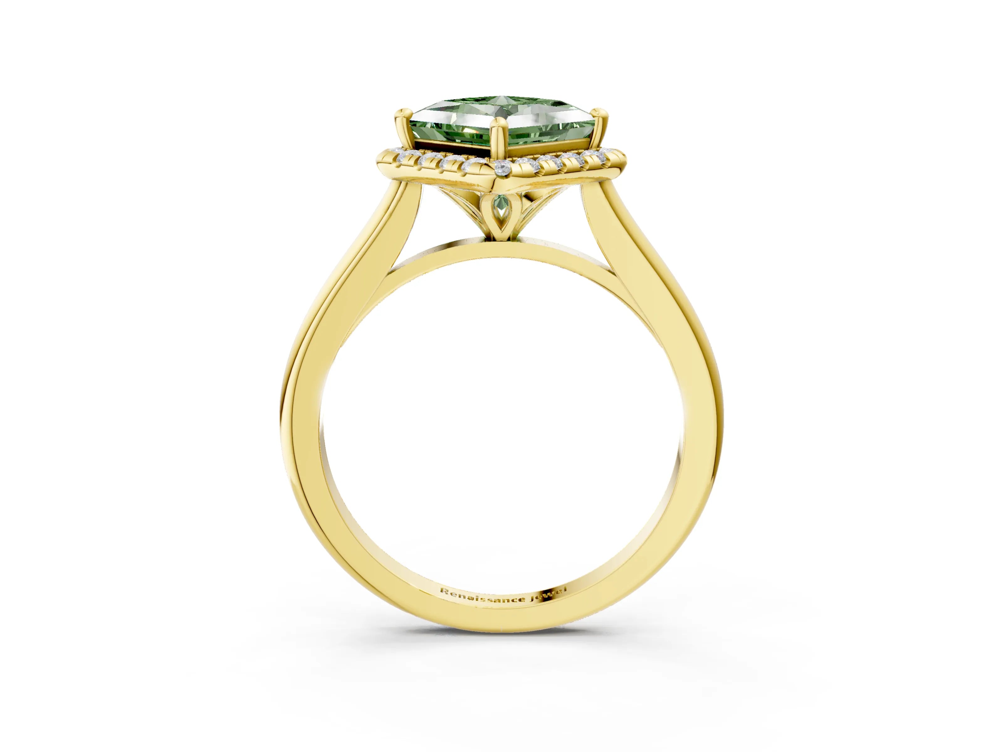 Yellow gold Fancy Green Princess Cut Halo Round Diamond Solitaire Engagement Ring with Pave Band and Four-Prong Setting_15