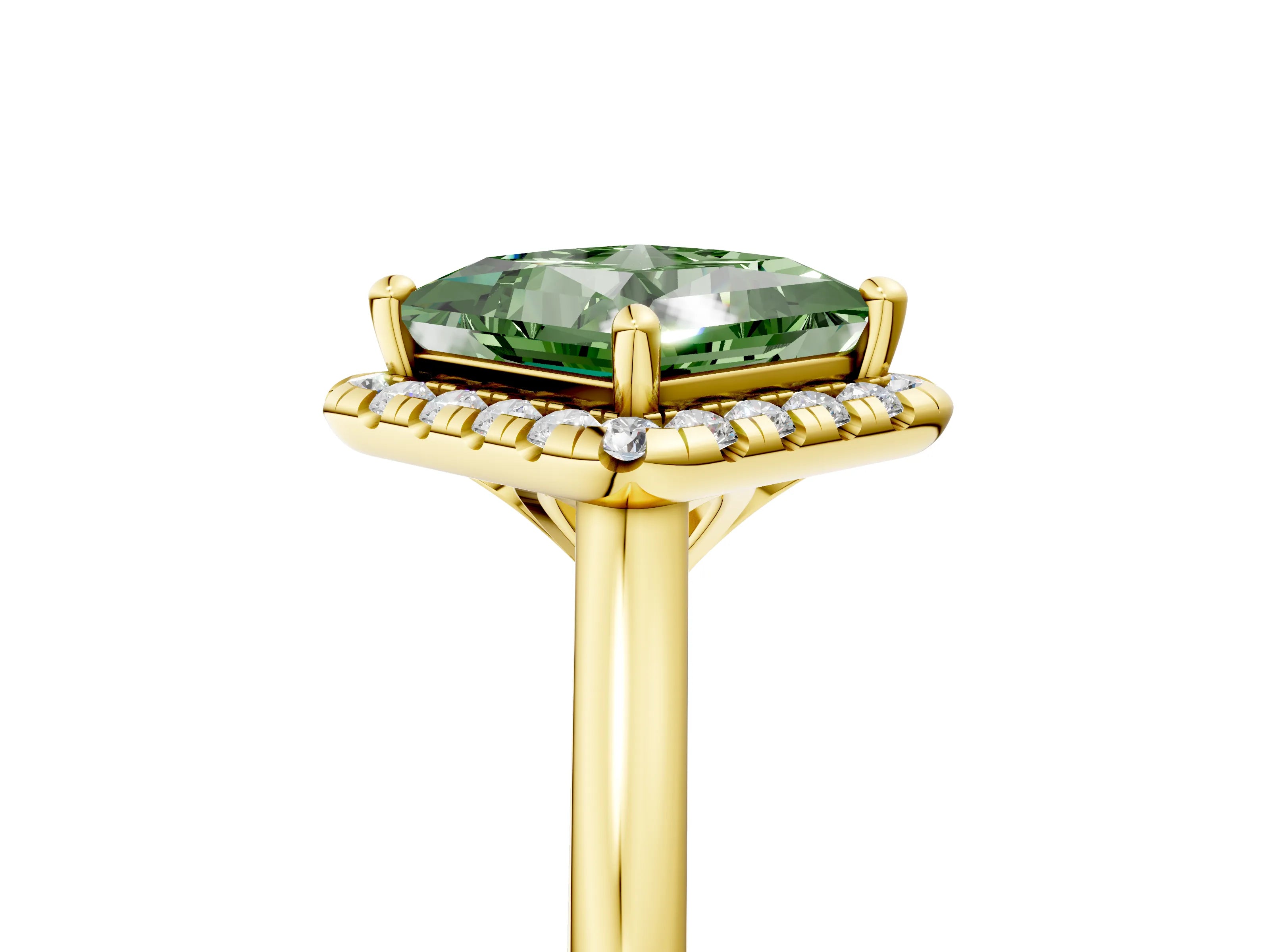 Yellow gold Fancy Green Princess Cut Halo Round Diamond Solitaire Engagement Ring with Pave Band and Four-Prong Setting_17