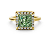 Yellow gold Fancy Green Princess Cut Halo Round Diamond Solitaire Ring with Pavé Band and Four-Prong Setting_12