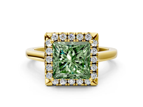 Yellow gold Fancy Green Princess Cut Halo Round Diamond Solitaire Ring with Pavé Band and Four-Prong Setting_12