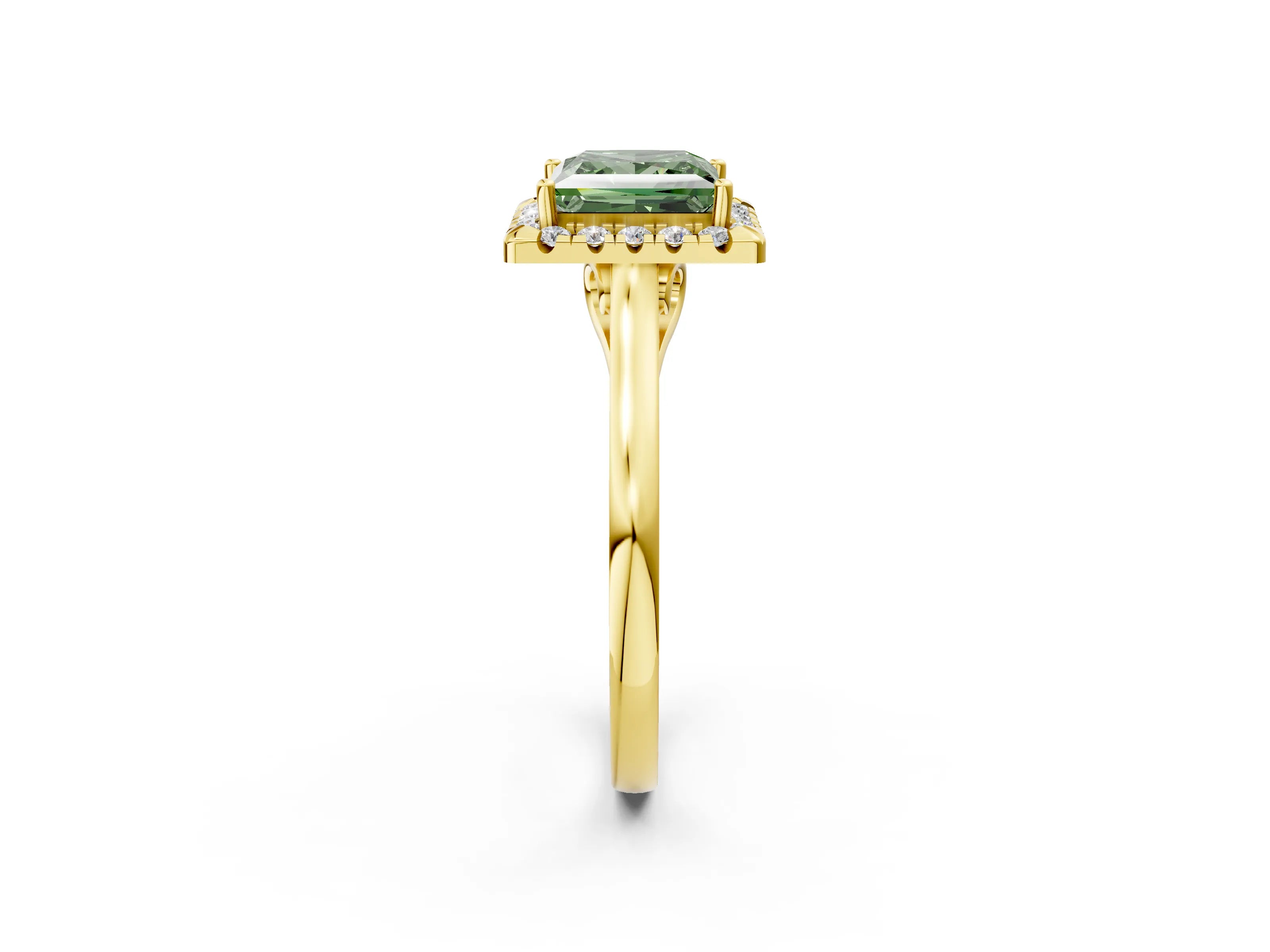 Yellow gold Fancy Green Princess Cut Halo Round Diamond Solitaire Ring with Pavé Band and Four-Prong Setting_14