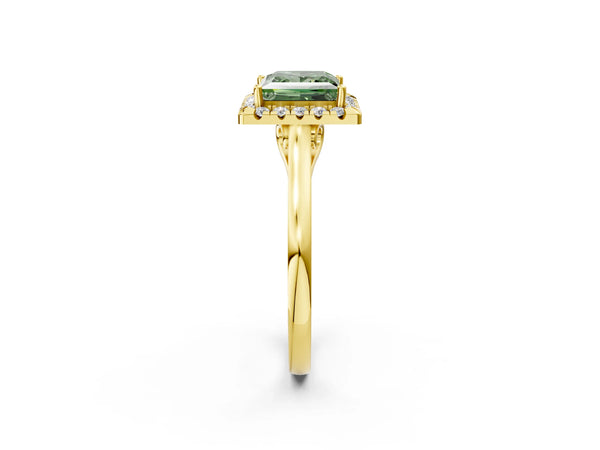 Yellow gold Fancy Green Princess Cut Halo Round Diamond Solitaire Ring with Pavé Band and Four-Prong Setting